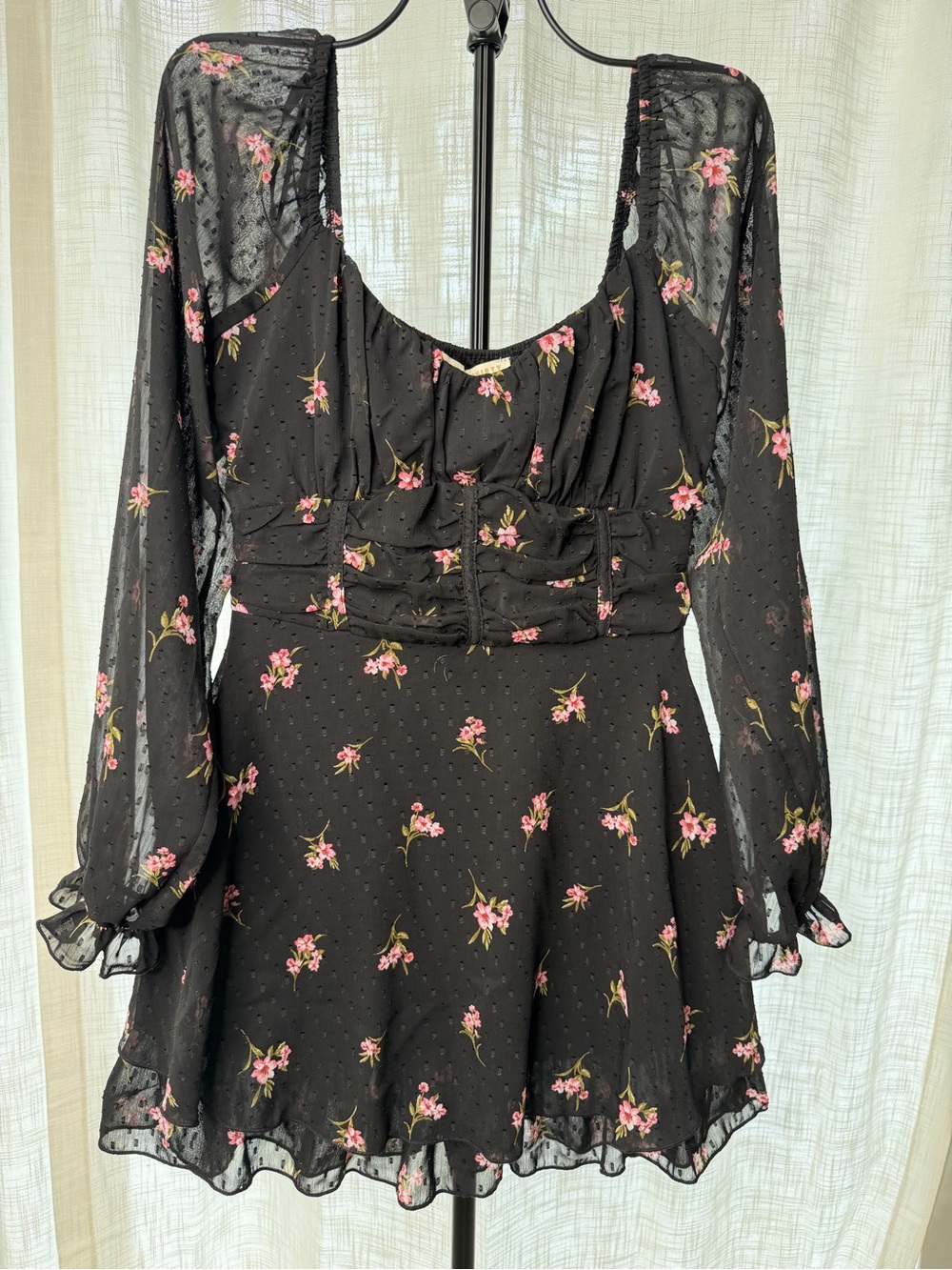 Black Floral Long-Sleeve Ruffle Mini Dress